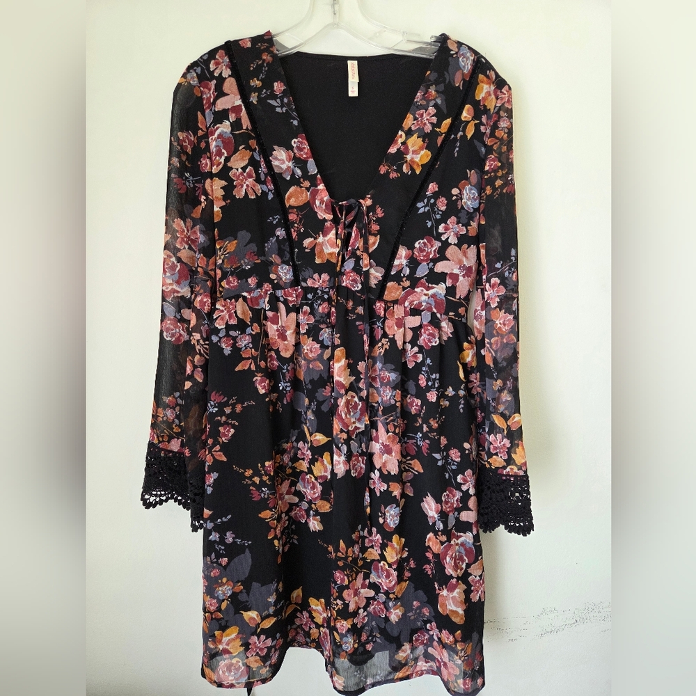 Xhiliration Floral Babydoll Long Sleeve Dress with Lace Cuffs